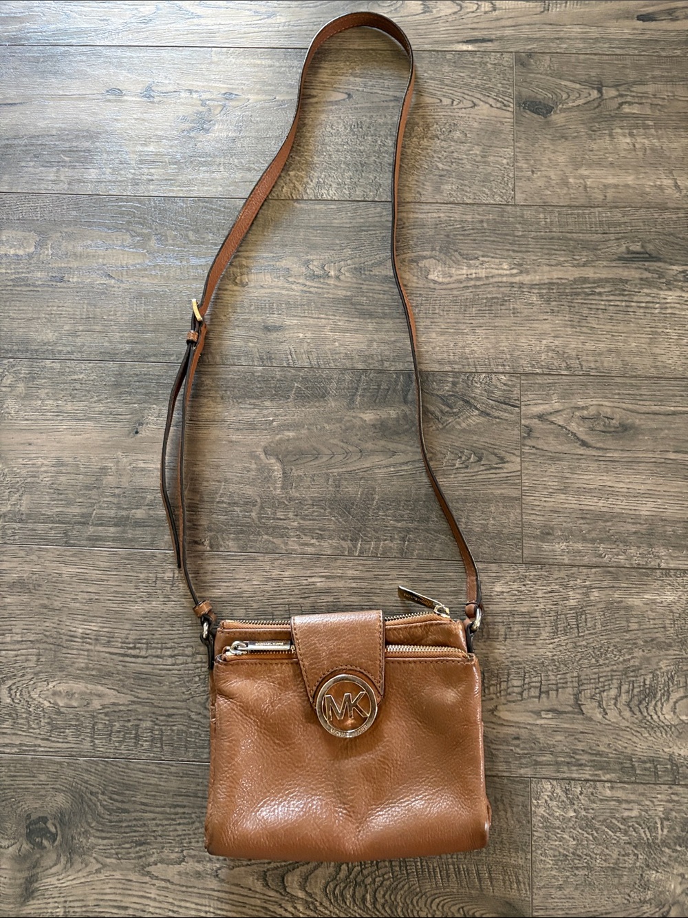 Michael Kors Tan Leather Crossbody Bag with MK Medallion